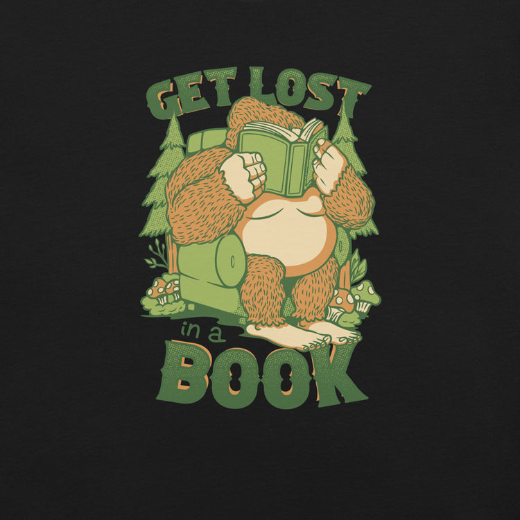 Get Lost - In A Book Sasquatch T-Shirt Geek Nerd Advertise to Meta Book Prints Design by Tobe Fonseca