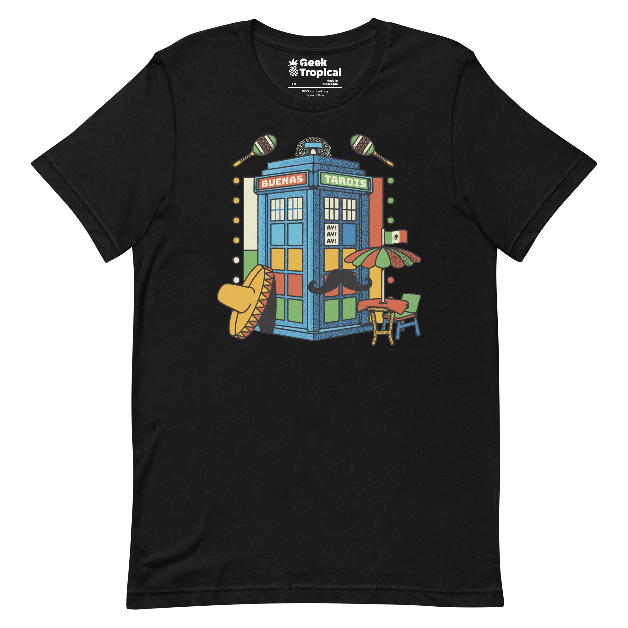 Buenas Tardis Travel Time T-Shirt Geek Nerd Advertise to Meta Design by Tobe Fonseca Fantasy Prints