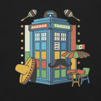 Buenas Tardis Travel Time T-Shirt Geek Nerd Advertise to Meta Design by Tobe Fonseca Fantasy Prints