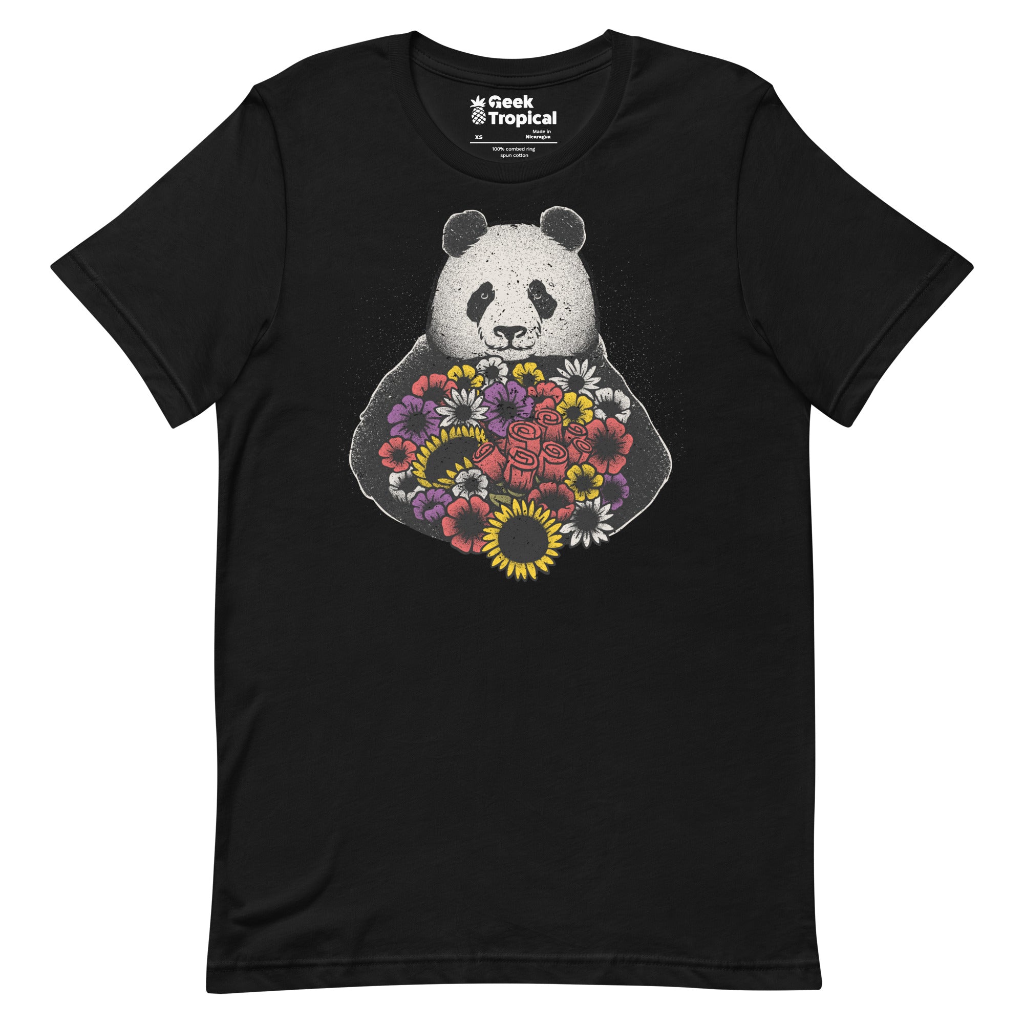 Black and White Panda With Flower T-Shirt Geek Nerd Advertise to Meta Animal Patterns Botany Print