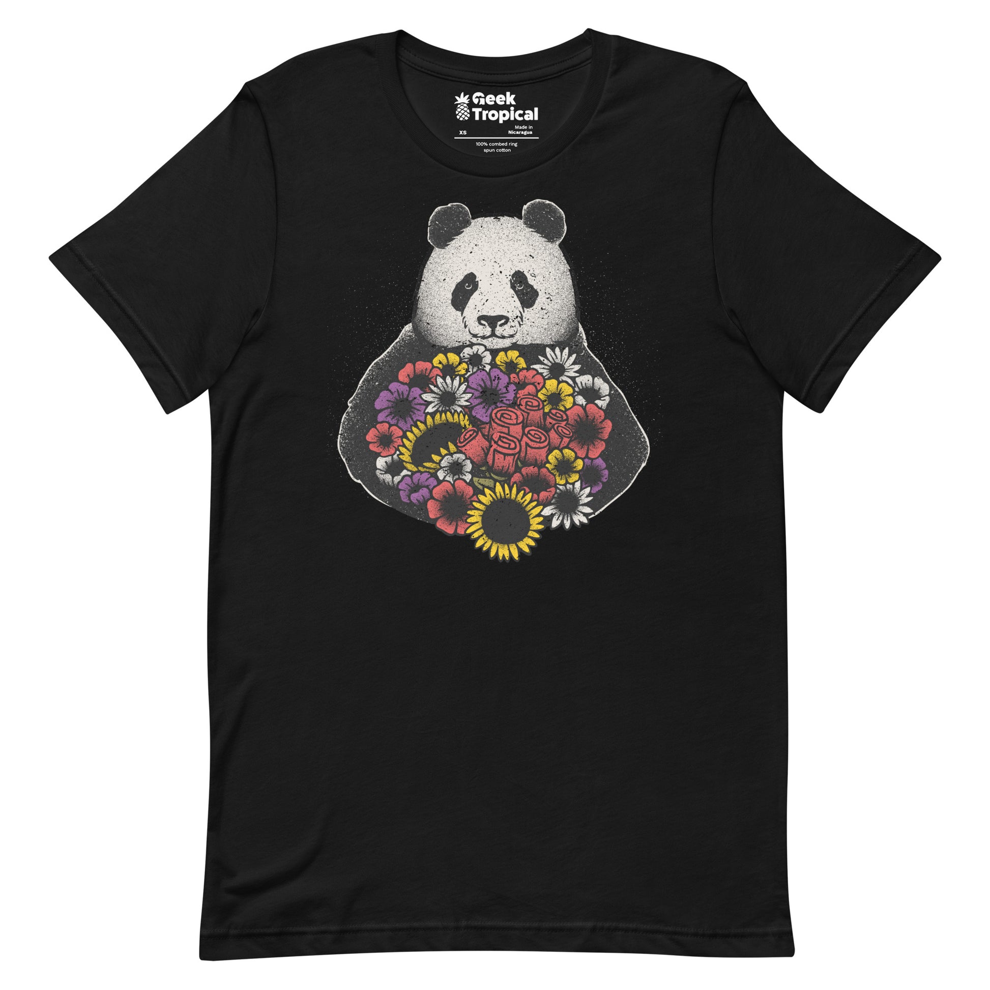 Black and White Panda With Flower T-Shirt Geek Nerd Advertise to Meta Animal Patterns Botany Print