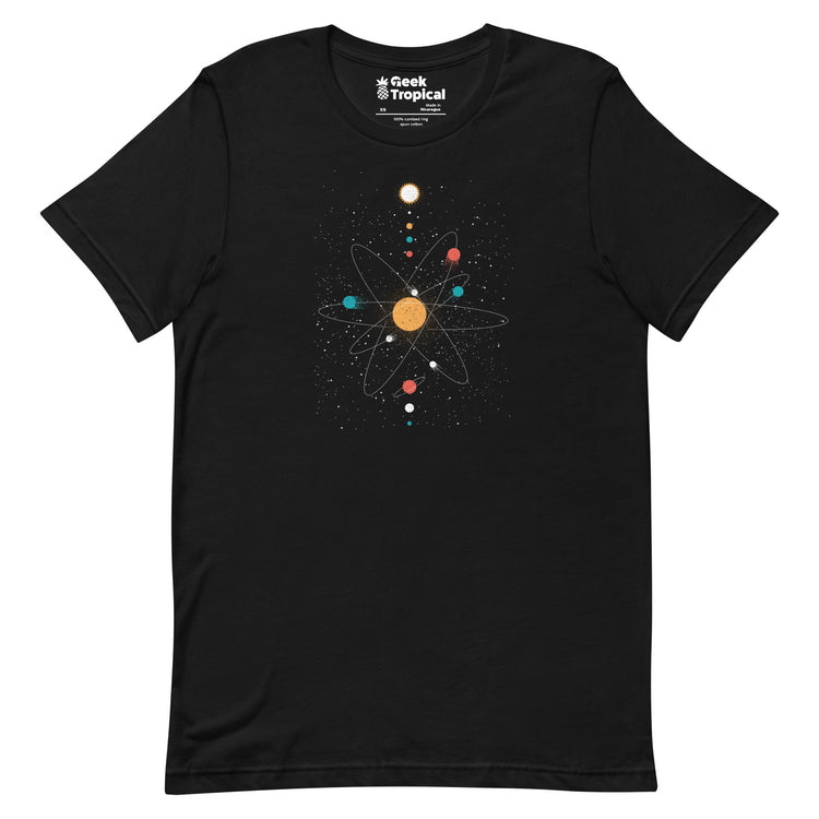 Atom Universe Minimalist T-Shirt Geek Nerd Advertise to Meta Design by Tobe Fonseca outer space & astronaut print