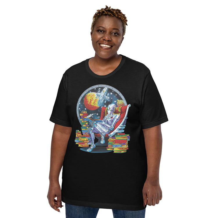 Robot Reading T-Shirt Geek Nerd Advertise to Meta Book Prints Fantasy Prints