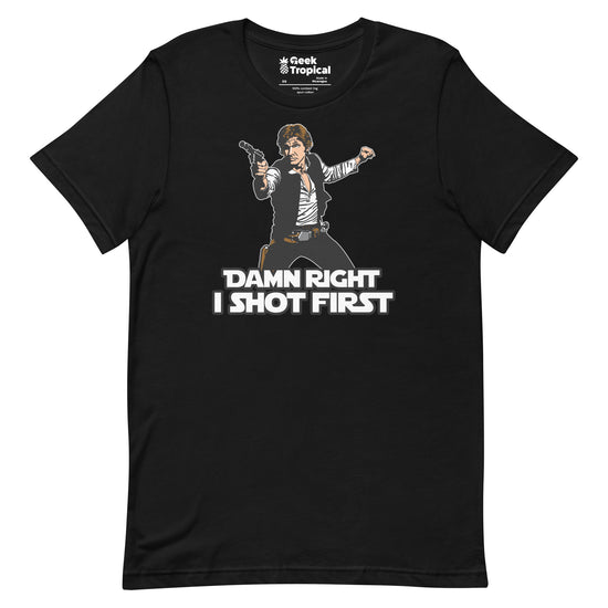I Shot First T-Shirt Geek Nerd Advertise to Meta Fantasy Prints FLOW DESC WRITING