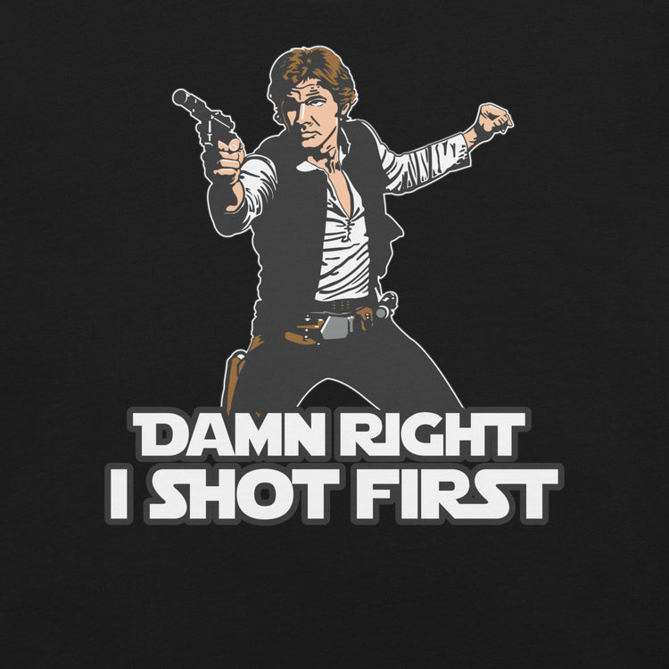 I Shot First T-Shirt Geek Nerd Advertise to Meta Fantasy Prints FLOW DESC WRITING