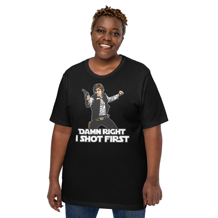 I Shot First T-Shirt Geek Nerd Advertise to Meta Fantasy Prints FLOW DESC WRITING