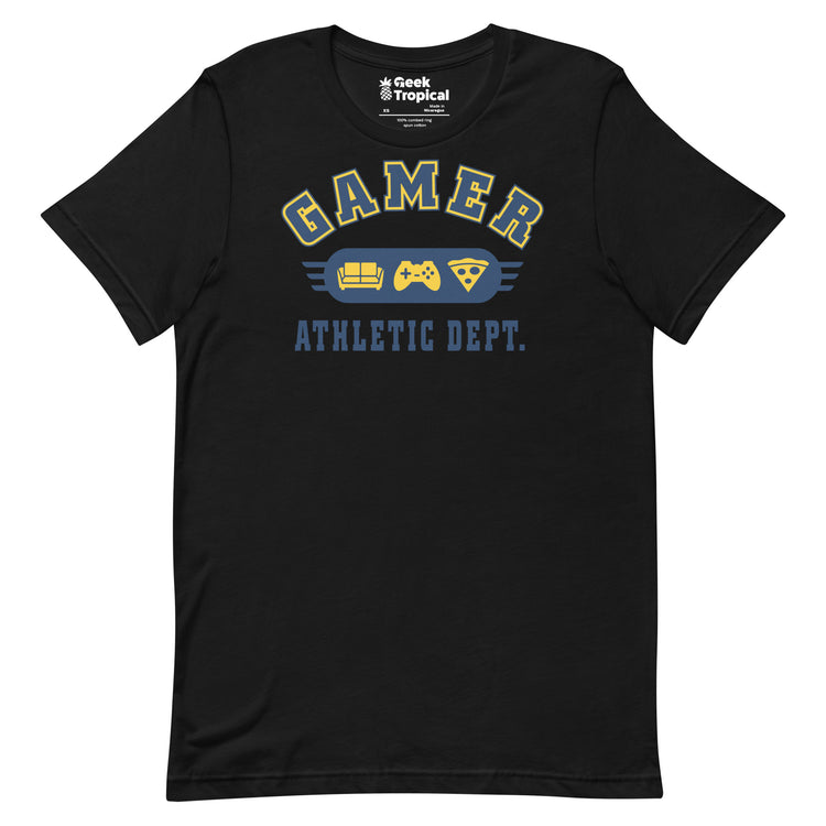 Gamer Athletic Dept T-Shirt Geek Nerd Advertise to Meta FLOW DESC WRITING Off World Designs
