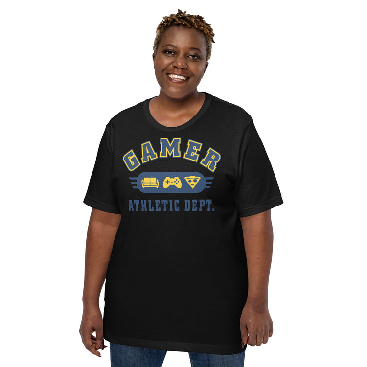 Gamer Athletic Dept T-Shirt Geek Nerd Advertise to Meta FLOW DESC WRITING Off World Designs