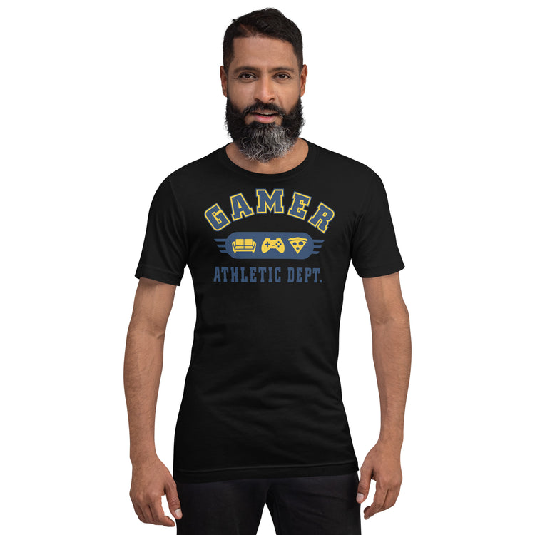 Gamer Athletic Dept T-Shirt Geek Nerd Advertise to Meta FLOW DESC WRITING Off World Designs