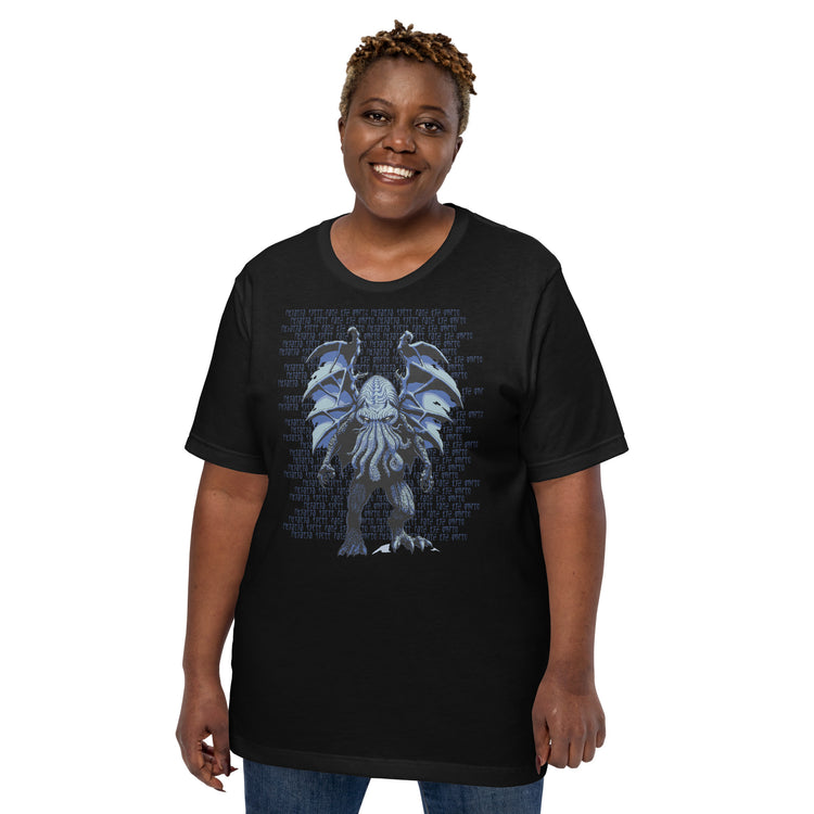 Blue Cthulhu T-Shirt Geek Nerd Advertise to Meta Fantasy Prints FLOW DESC WRITING