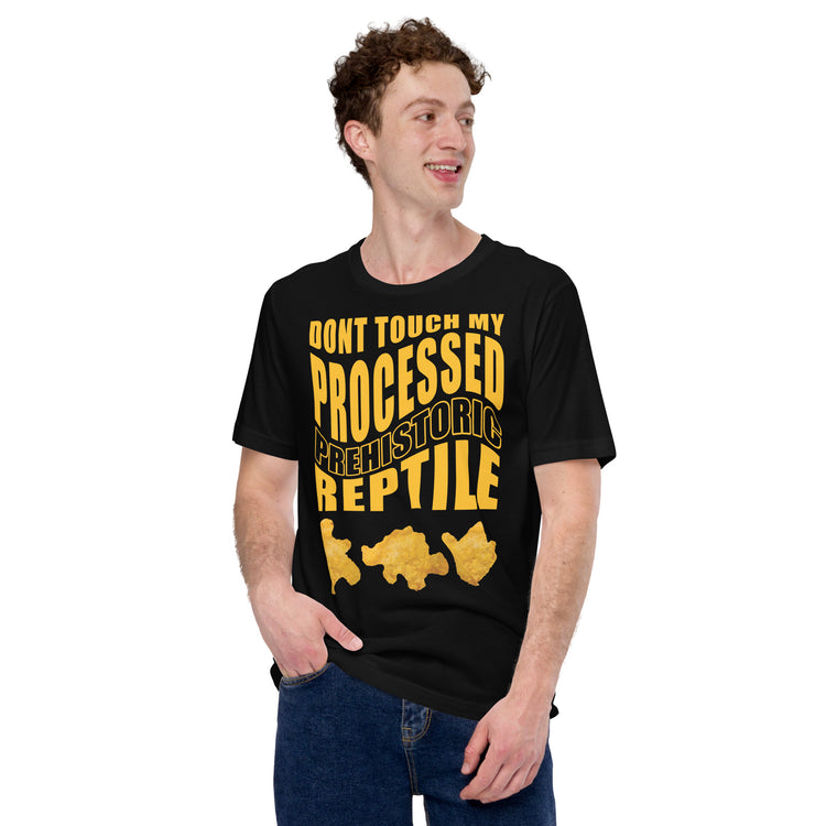 Processed Prehistoric Reptile Dinosaur Chicken Nuggets T-Shirt Geek Nerd Advertise to Meta Animal Patterns Design by Random Galaxy