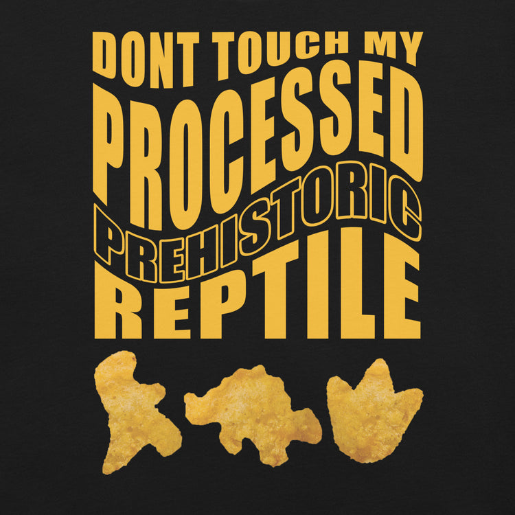 Processed Prehistoric Reptile Dinosaur Chicken Nuggets T-Shirt Geek Nerd Advertise to Meta Animal Patterns Design by Random Galaxy