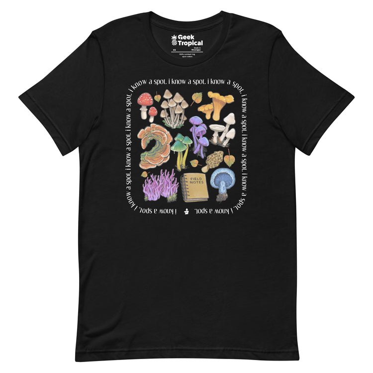 I Know A Spot Mushrooms T-Shirt Geek Nerd Advertise to Meta Botany Print Elle