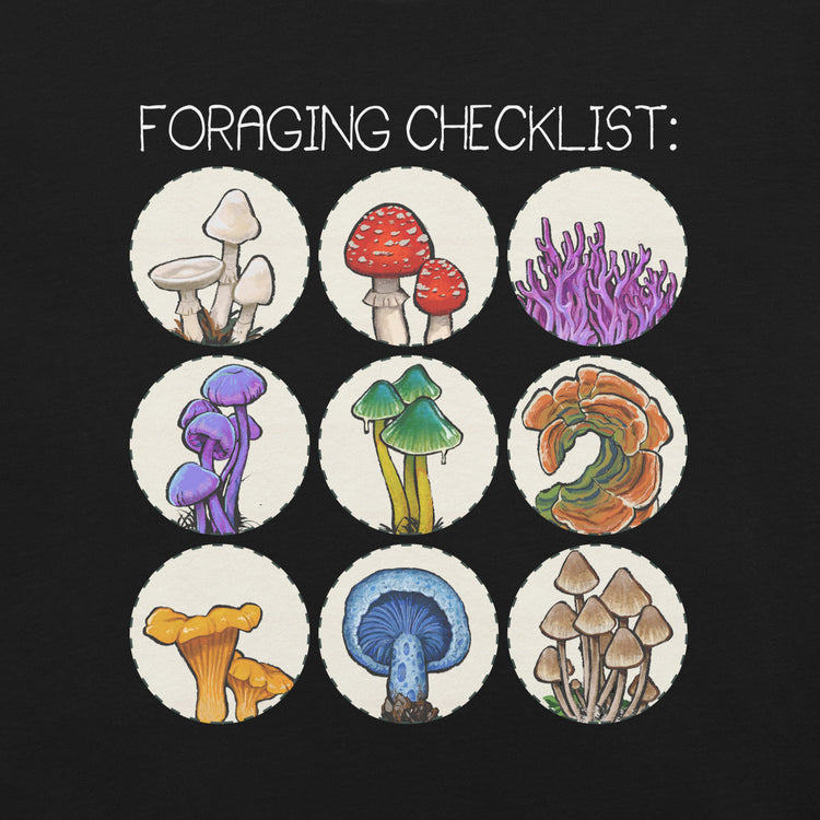 Foraging Checklist Mushrooms T-Shirt Geek Nerd Advertise to Meta Botany Print Elle
