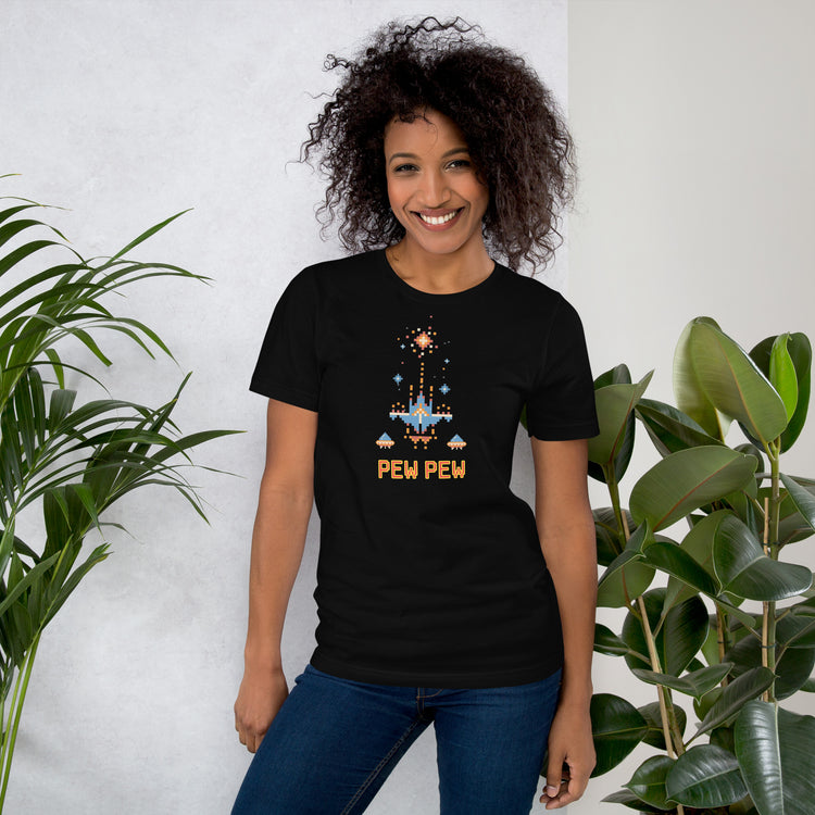 Pew Pew Retro Arcade T-Shirt Geek Nerd Advertise to Meta Elle FLOW DESC WRITING