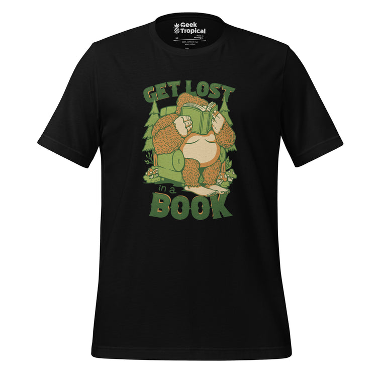 Get Lost In A Book Sasquatch T-Shirt Geek Nerd Advertise to Meta Book Prints Design by Tobe Fonseca