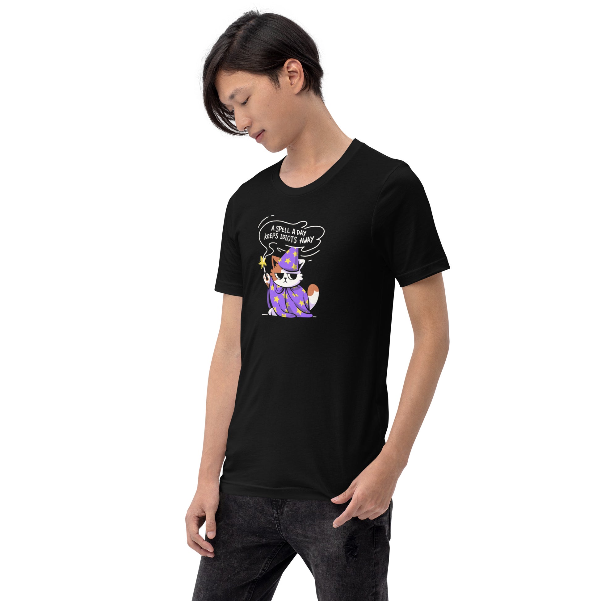 A Spell a Day Keeps Idiots Away Wizard Cat T-Shirt Geek Nerd Animal Patterns Design by Tobe Fonseca dnd & rpg print