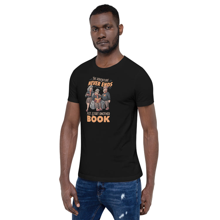 The Adventure Never Ends Just Start Another Book T-Shirt Geek Nerd Advertise to Meta Book Prints Design by Tobe Fonseca