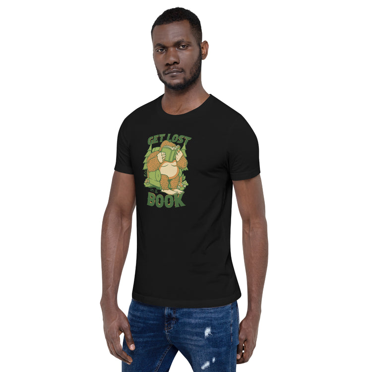 Get Lost - In A Book Sasquatch T-Shirt Geek Nerd Advertise to Meta Book Prints Design by Tobe Fonseca
