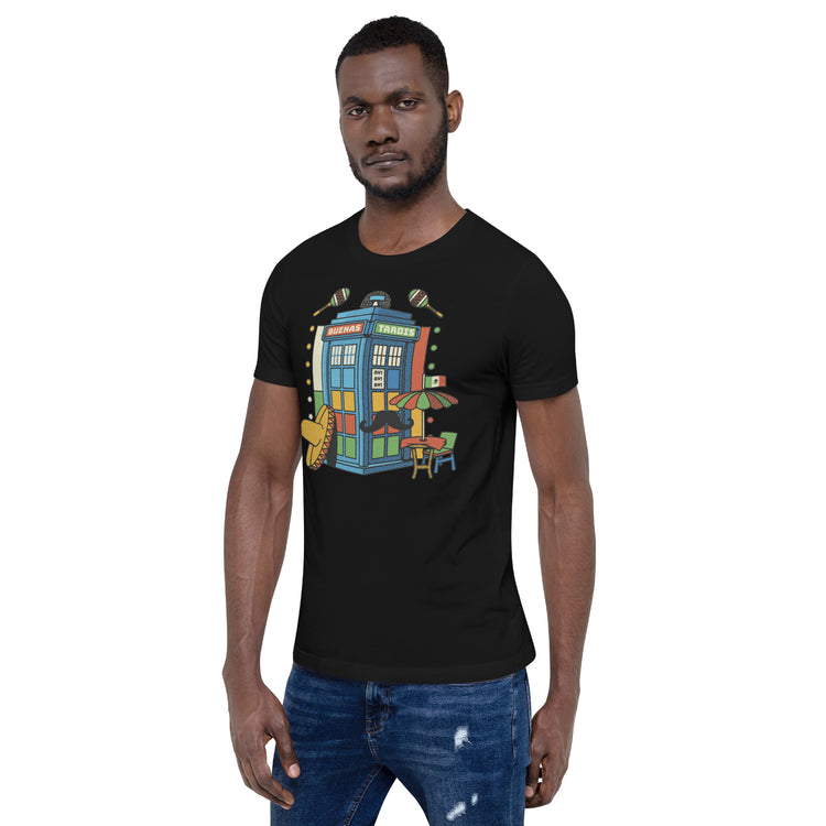 Buenas Tardis Travel Time T-Shirt Geek Nerd Advertise to Meta Design by Tobe Fonseca Fantasy Prints