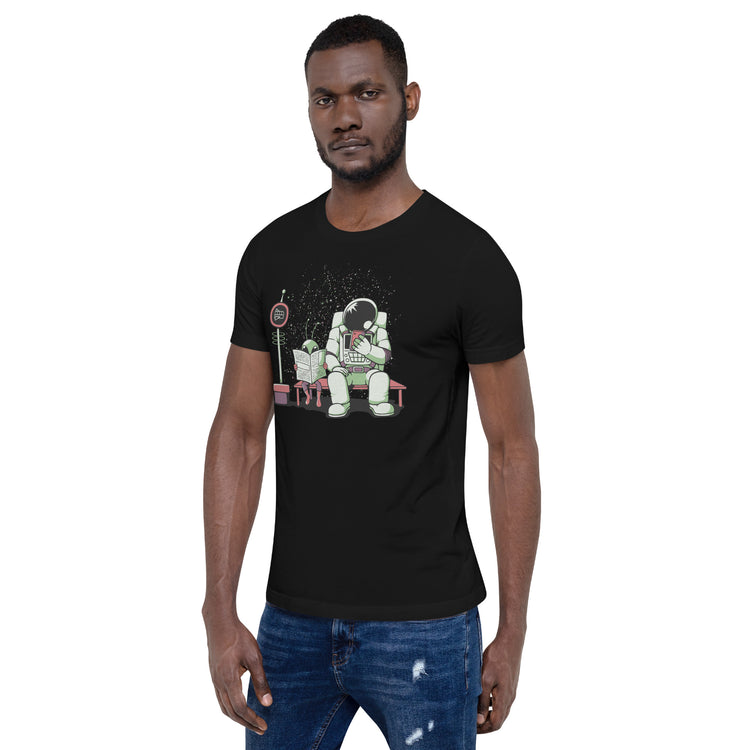 Astronaut In a Bus Stop Funny Alien Reading Newspaper T-Shirt Geek Nerd Advertise to Meta Design by Tobe Fonseca Fantasy Prints