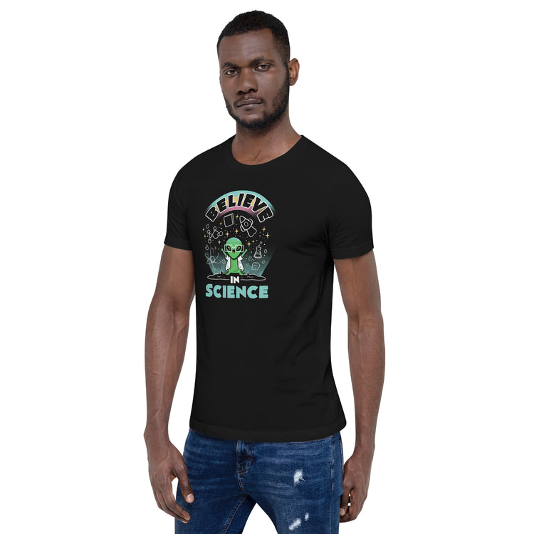 Believe in Science Alien T-Shirt Geek Nerd Advertise to Meta Design by Tobe Fonseca outer space & astronaut print