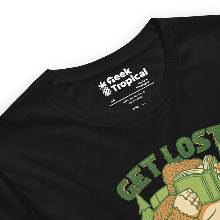 Get Lost - In A Book Sasquatch T-Shirt Geek Nerd Advertise to Meta Book Prints Design by Tobe Fonseca