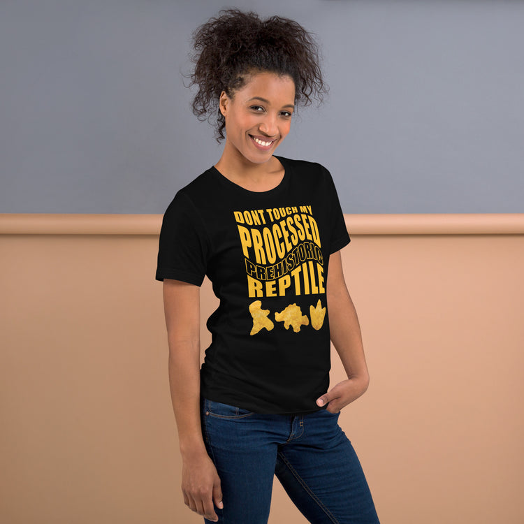 Processed Prehistoric Reptile Dinosaur Chicken Nuggets T-Shirt Geek Nerd Advertise to Meta Animal Patterns Design by Random Galaxy