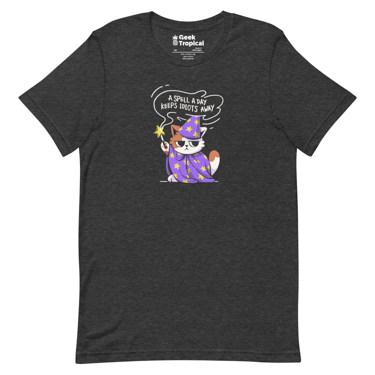 A Spell a Day Keeps Idiots Away Wizard Cat T-Shirt Geek Nerd Animal Patterns Design by Tobe Fonseca dnd & rpg print
