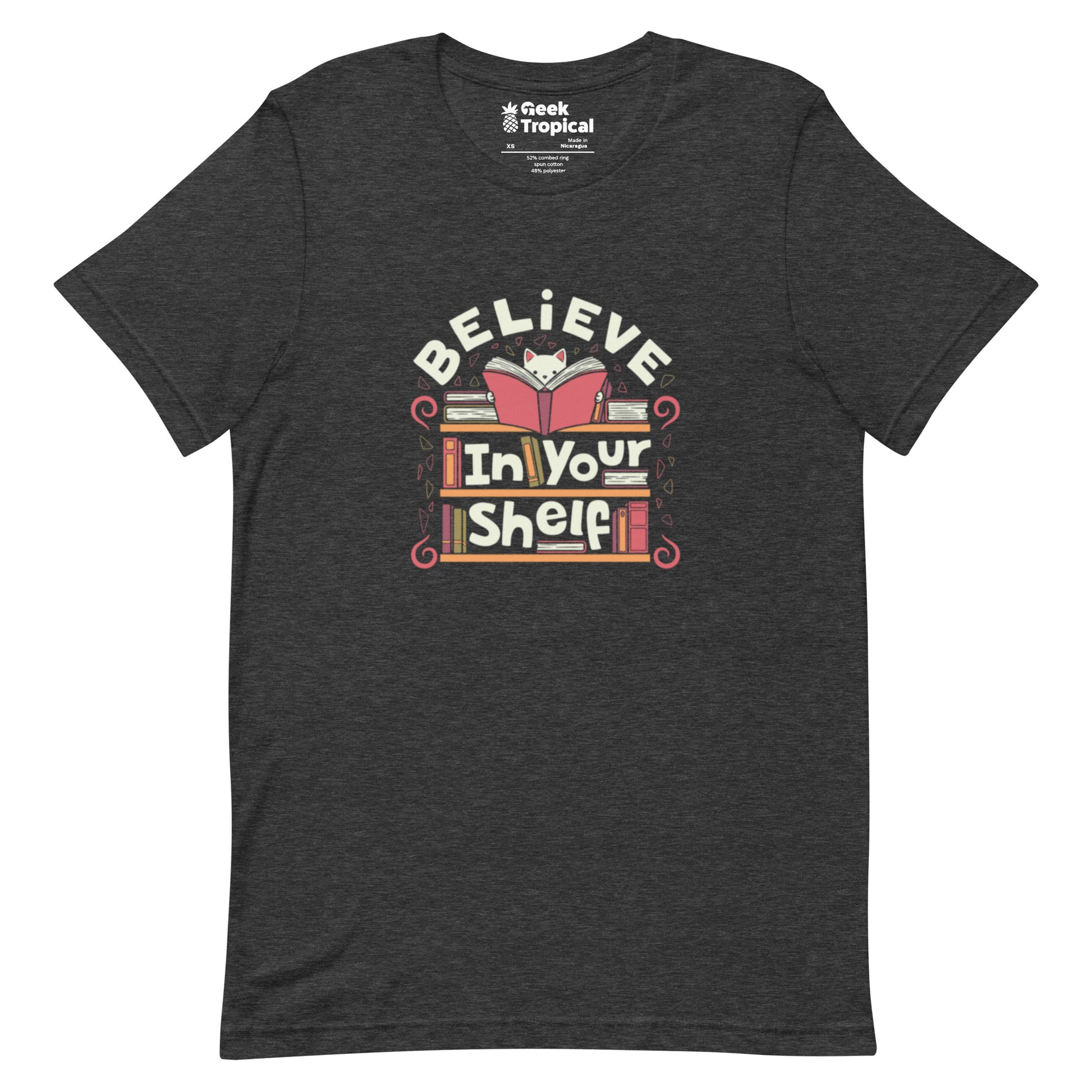 Believe in Your Shelf Cat T-Shirt Geek Nerd Animal Patterns Book Prints Design by Tobe Fonseca