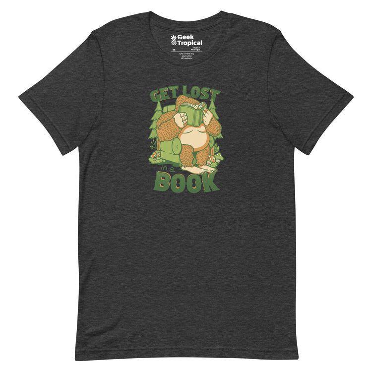 Get Lost - In A Book Sasquatch T-Shirt Geek Nerd Advertise to Meta Book Prints Design by Tobe Fonseca