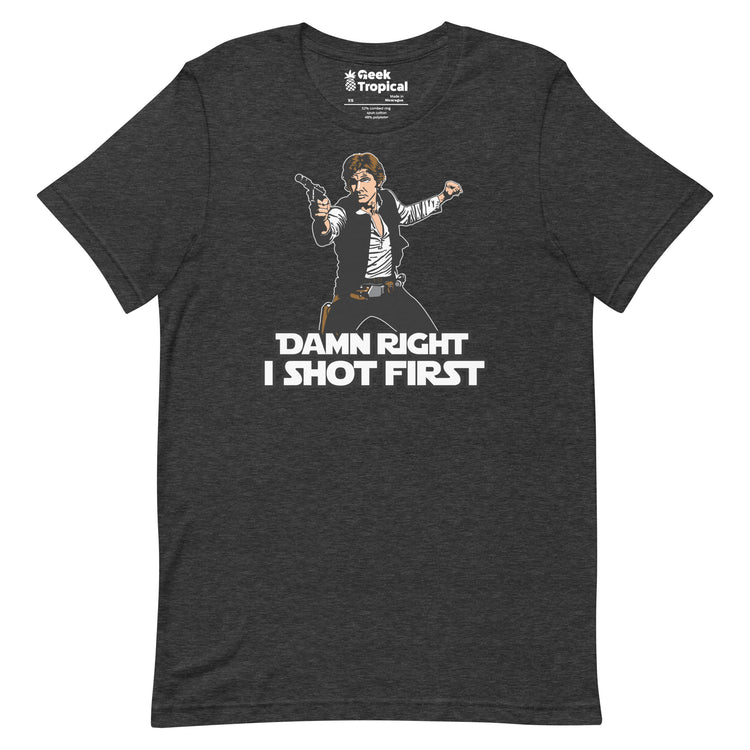 I Shot First T-Shirt Geek Nerd Advertise to Meta Fantasy Prints FLOW DESC WRITING