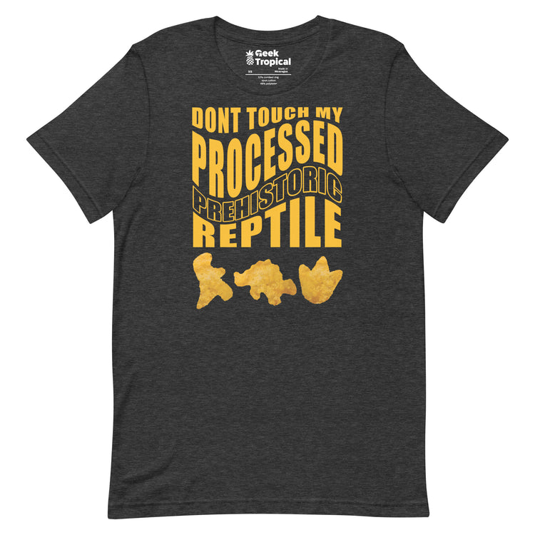 Processed Prehistoric Reptile Dinosaur Chicken Nuggets T-Shirt Geek Nerd Advertise to Meta Animal Patterns Design by Random Galaxy