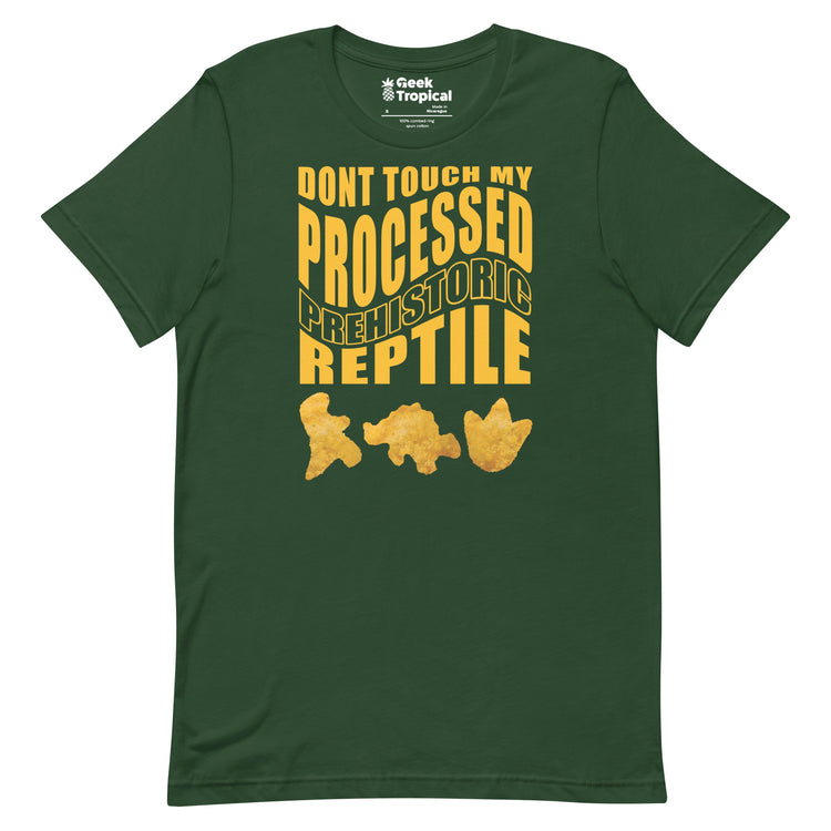 Processed Prehistoric Reptile Dinosaur Chicken Nuggets T-Shirt Geek Nerd Advertise to Meta Animal Patterns Design by Random Galaxy