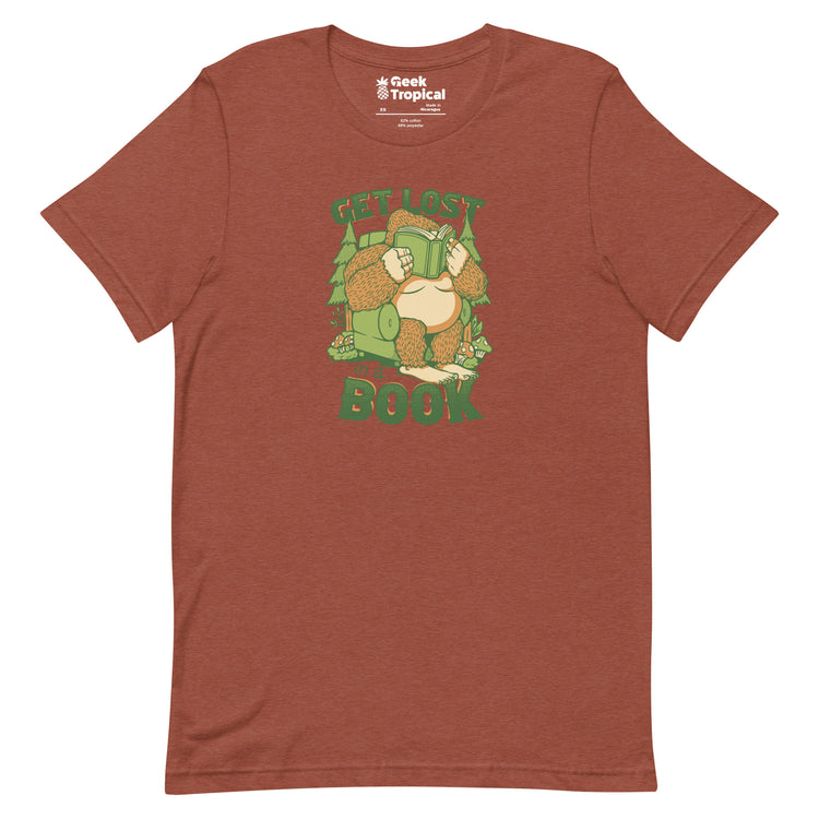 Get Lost - In A Book Sasquatch T-Shirt Geek Nerd Advertise to Meta Book Prints Design by Tobe Fonseca