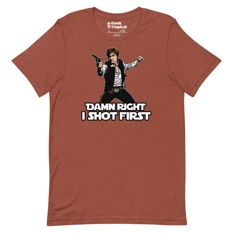 I Shot First T-Shirt Geek Nerd Advertise to Meta Fantasy Prints FLOW DESC WRITING