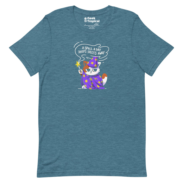A Spell a Day Keeps Idiots Away Wizard Cat T-Shirt Geek Nerd Animal Patterns Design by Tobe Fonseca dnd & rpg print