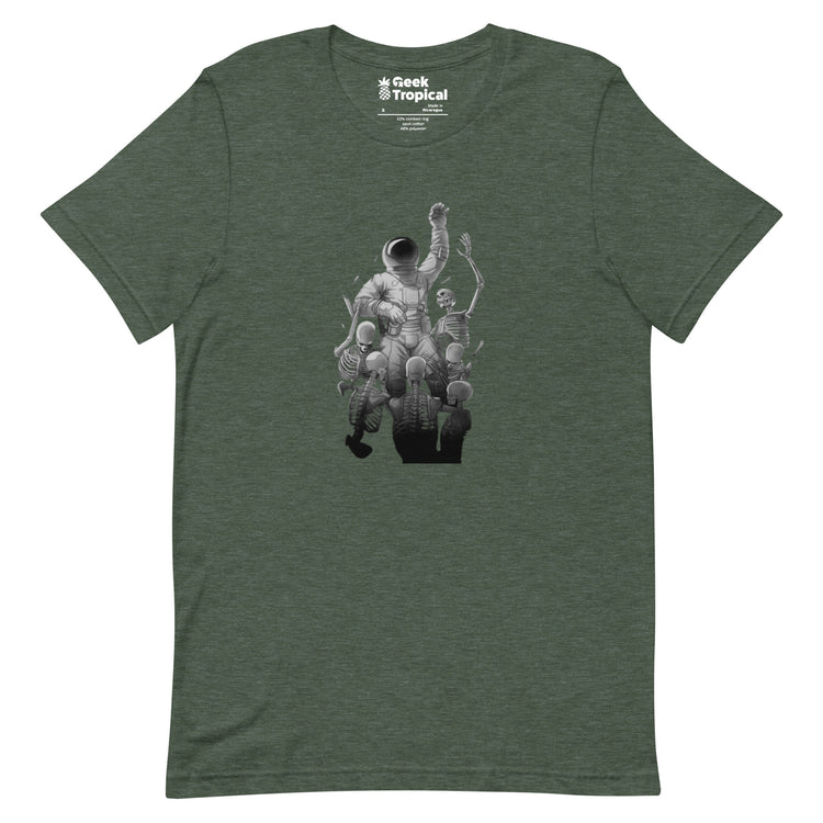 Astronaut Escaping Skeletons T-Shirt Geek Nerd Design by Tobe Fonseca Fantasy Prints FLOW DESC WRITING