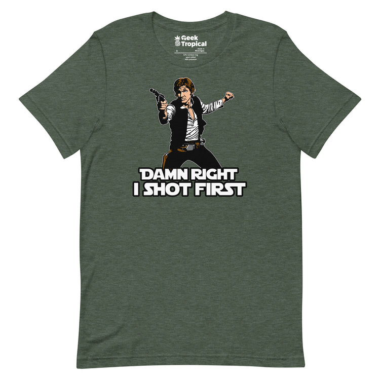 I Shot First T-Shirt Geek Nerd Advertise to Meta Fantasy Prints FLOW DESC WRITING