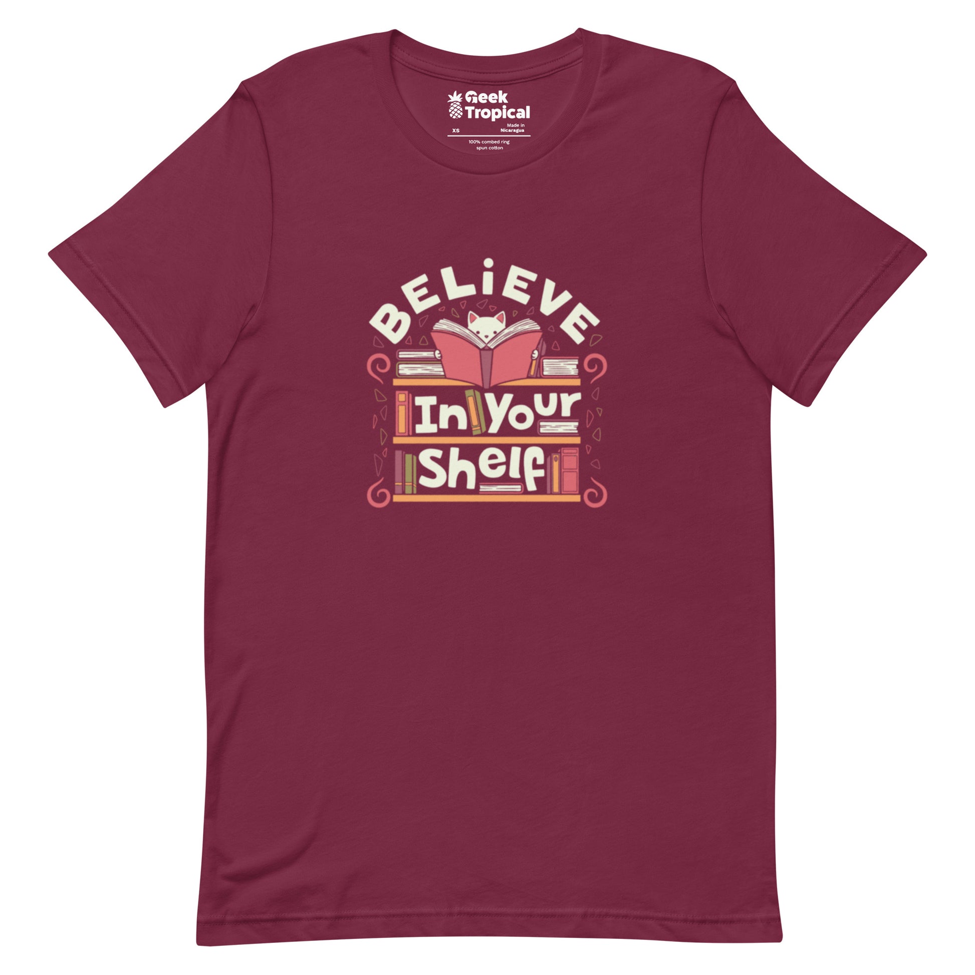 Believe in Your Shelf Cat T-Shirt Geek Nerd Animal Patterns Book Prints Design by Tobe Fonseca