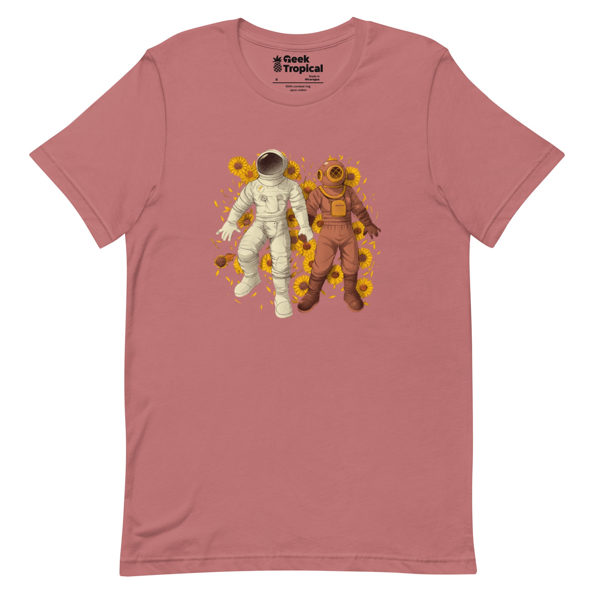 Astronaut Diving Sun Flowers - shirt Geek Nerd Botany Print Design by Tobe Fonseca FLOW DESC WRITING