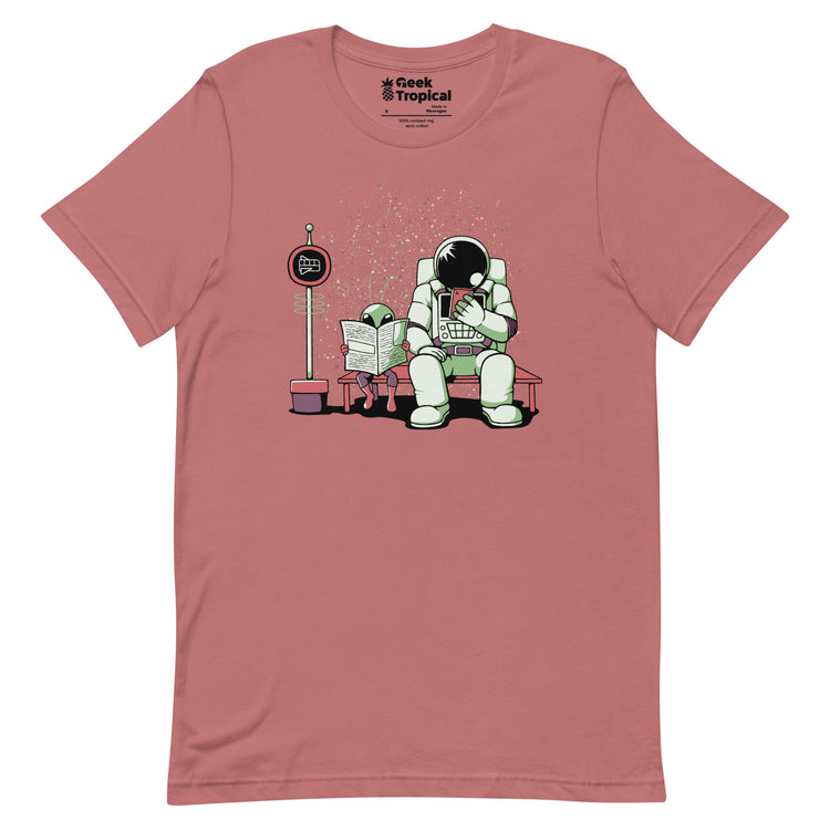 Astronaut In a Bus Stop Funny Alien Reading Newspaper T-Shirt Geek Nerd Advertise to Meta Design by Tobe Fonseca Fantasy Prints