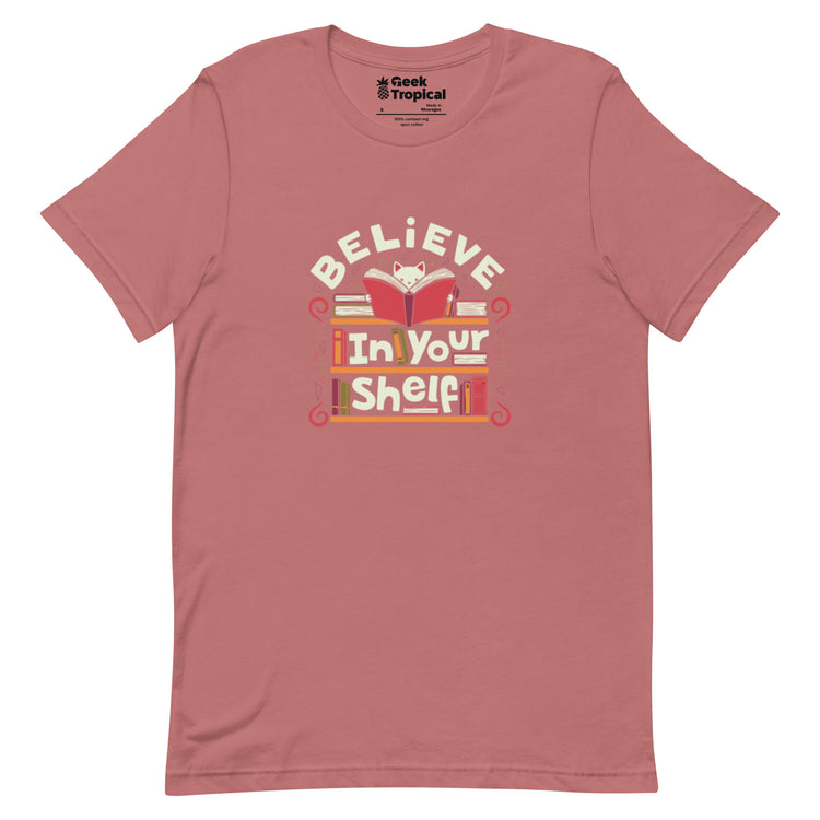 Believe in Your Shelf Cat T-Shirt Geek Nerd Advertise to Meta Animal Patterns Book Prints