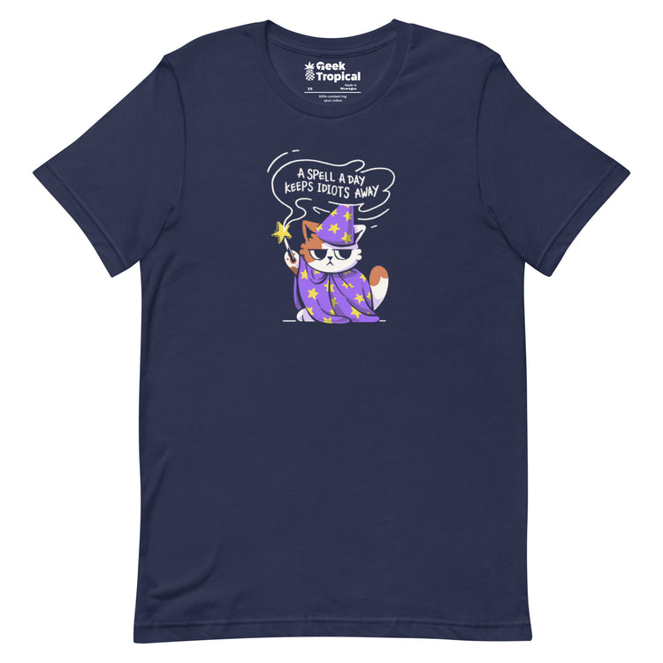 A Spell a Day Keeps Idiots Away Wizard Cat T-Shirt Geek Nerd Animal Patterns Design by Tobe Fonseca dnd & rpg print