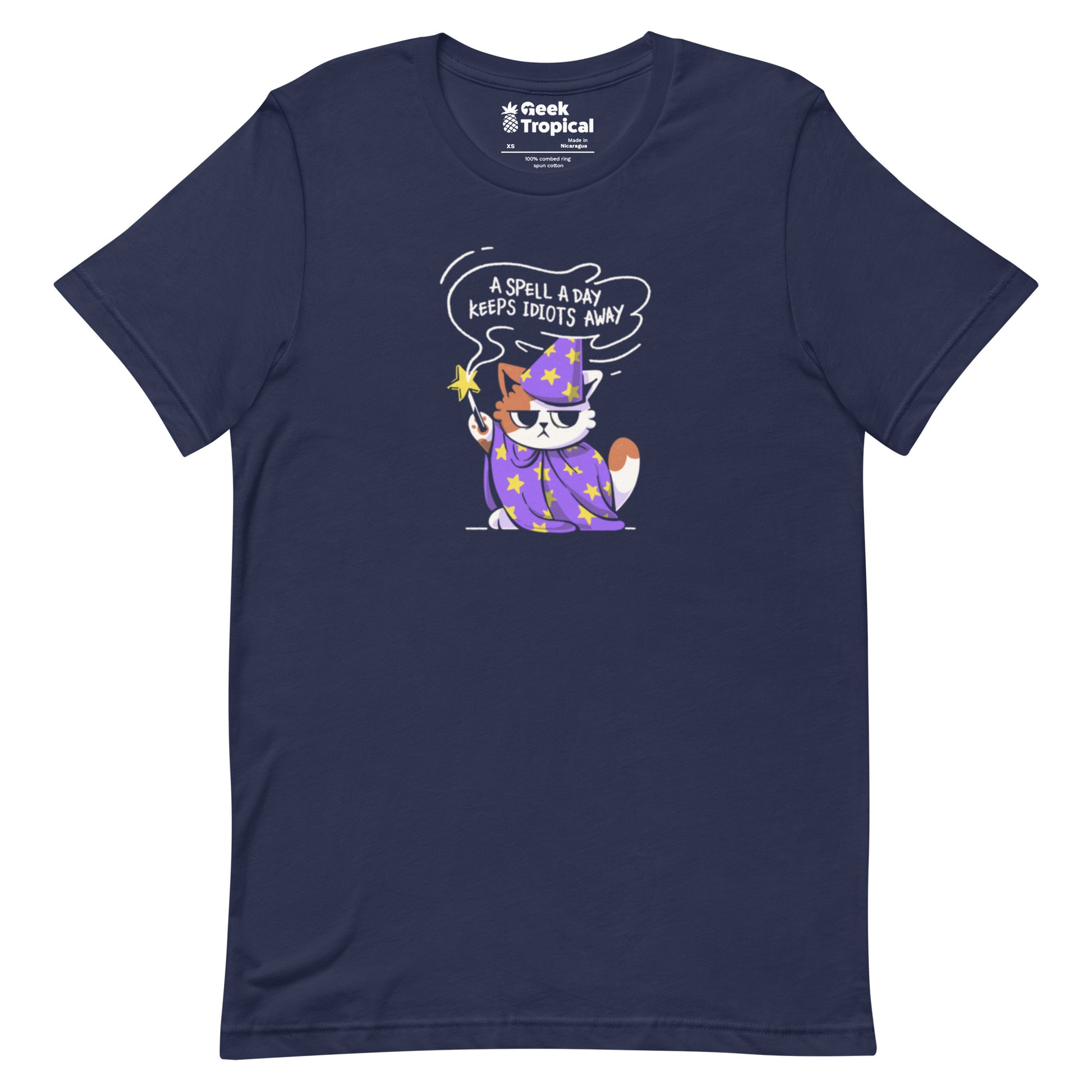 A Spell a Day Keeps Idiots Away Wizard Cat T-Shirt Geek Nerd Animal Patterns Design by Tobe Fonseca dnd & rpg print