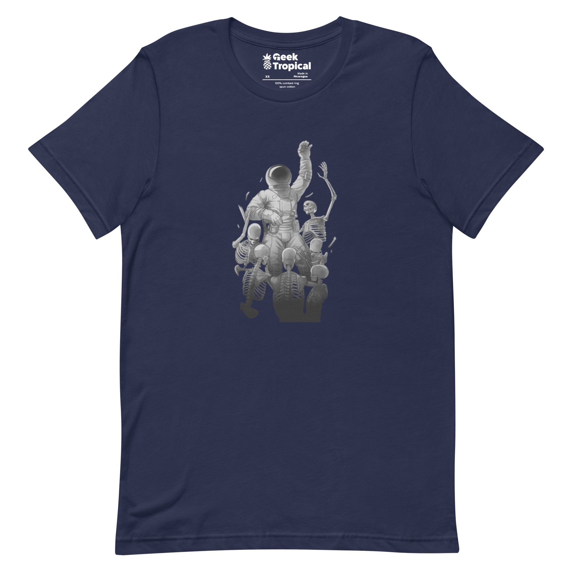 Astronaut Escaping Skeletons T-Shirt Geek Nerd Design by Tobe Fonseca Fantasy Prints FLOW DESC WRITING