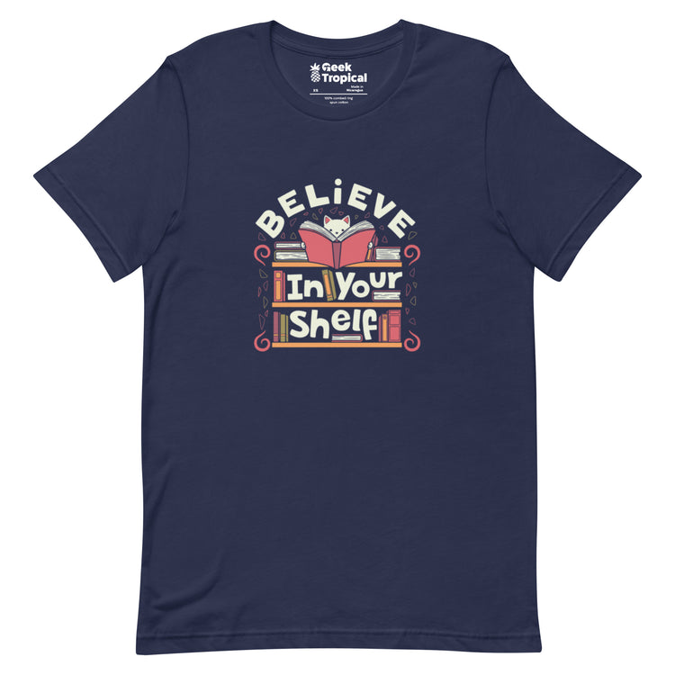 Believe in Your Shelf Cat T-Shirt Geek Nerd Animal Patterns Book Prints Design by Tobe Fonseca