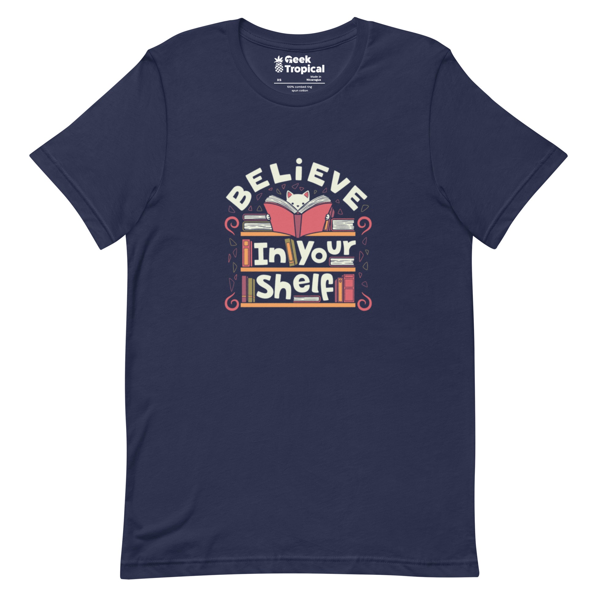 Believe in Your Shelf Cat T-Shirt Geek Nerd Animal Patterns Book Prints Design by Tobe Fonseca