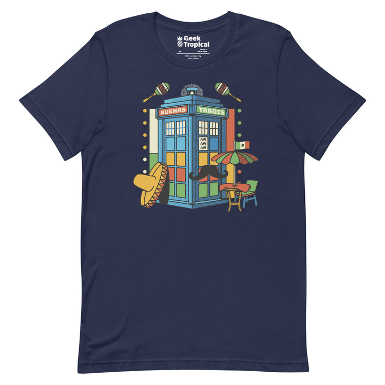 Buenas Tardis Travel Time T-Shirt Geek Nerd Advertise to Meta Design by Tobe Fonseca Fantasy Prints