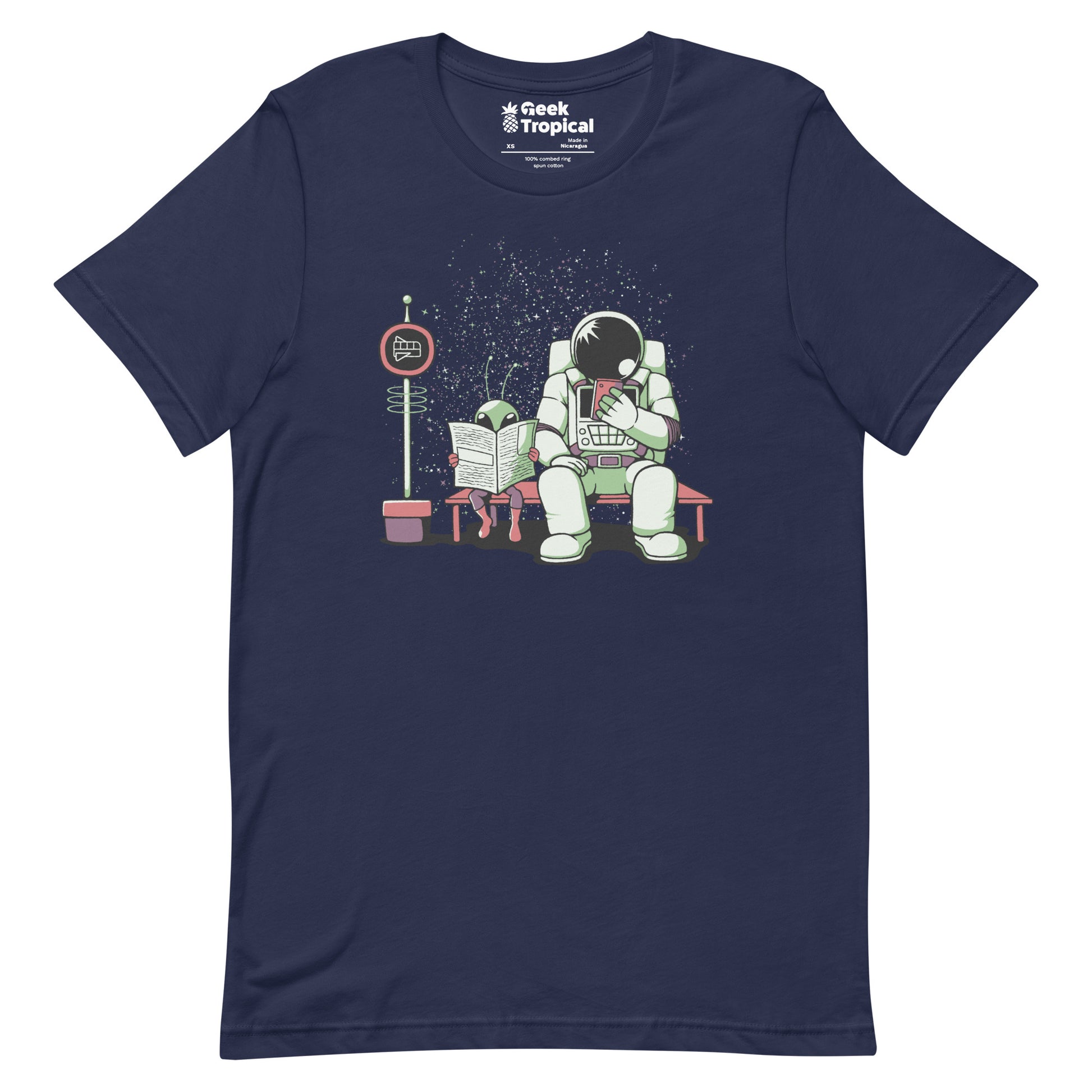 Astronaut In a Bus Stop Funny Alien Reading Newspaper T-Shirt Geek Nerd Advertise to Meta Design by Tobe Fonseca Fantasy Prints